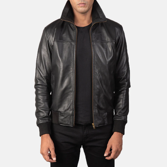 Air Rolf Black Leather Bomber Jacket